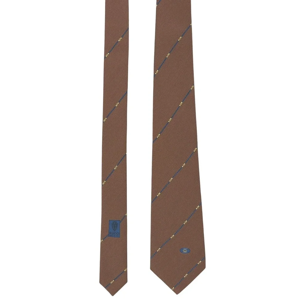 Vintage 80s Gucci Silk Necktie Brown Blue Horsebit GG Logo Equestrian Italy NWT